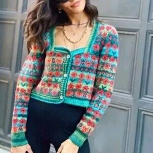 Zara Colorful Floral Knit Cardigan Small